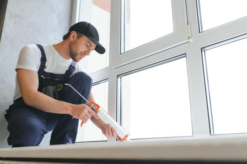 Man,Putting,Filling,Between,Window,And,Wall,In,A,New