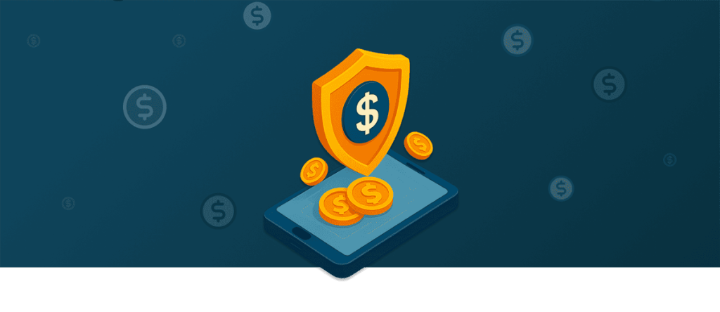 Mobile phone with coins and shield showing a dollar sign — secure credits with dingdoor.