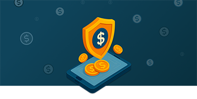 Mobile phone with coins and shield showing a dollar sign — secure credits with dingdoor.
